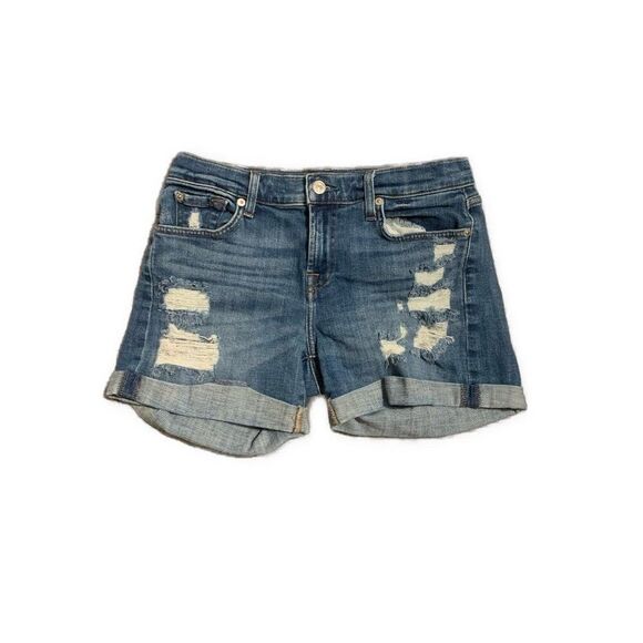 7 for all mankind Womens Blue Distressed Mid Rise Jean Denim Shorts 4.5” 25 - Picture 1 of 5
